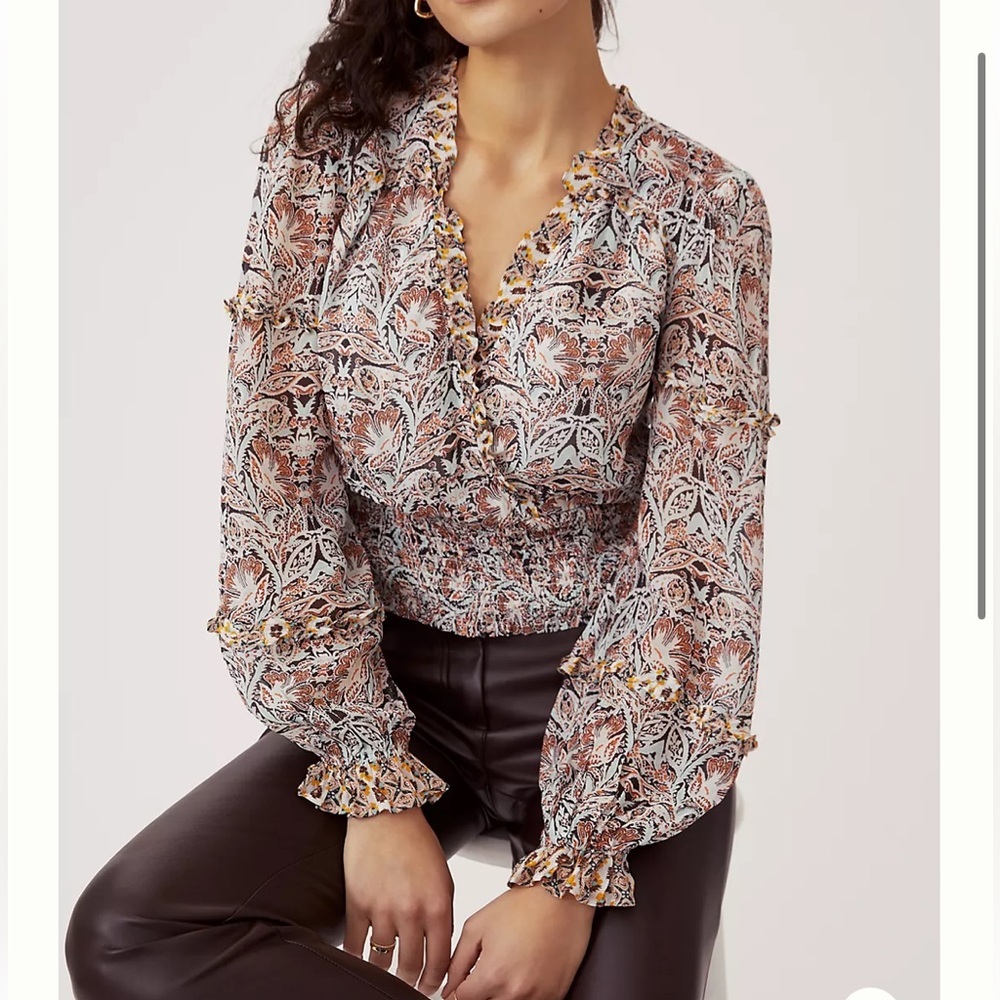 Anthropologie Printed Smock Waist Long‎ Sleeve Blouse Neutral S